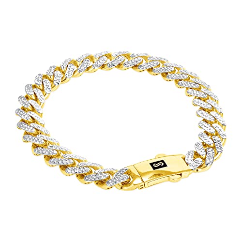 Nuragold 10k Real Yellow Gold Royal Monaco 9mm Miami Cuban Diamond Cut Pave Link Bracelet (7