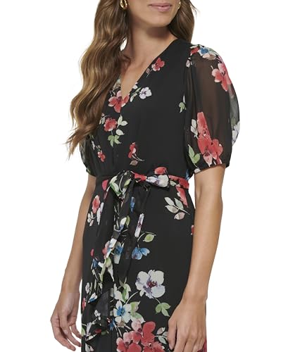 Image of DKNY Women's Ruffle Hem V-Neck Puff Sleeve Dress