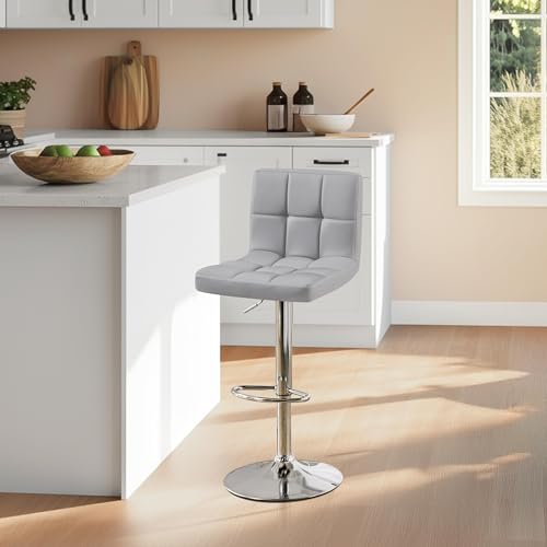 Image of Yaheetech Single Bar Stool, PU Leather Adjustable Barstools, Modern Counter Stools with Back and Footrest, Counter Height Barstools for Bar, Kitchen, Dining Room, Light Gray