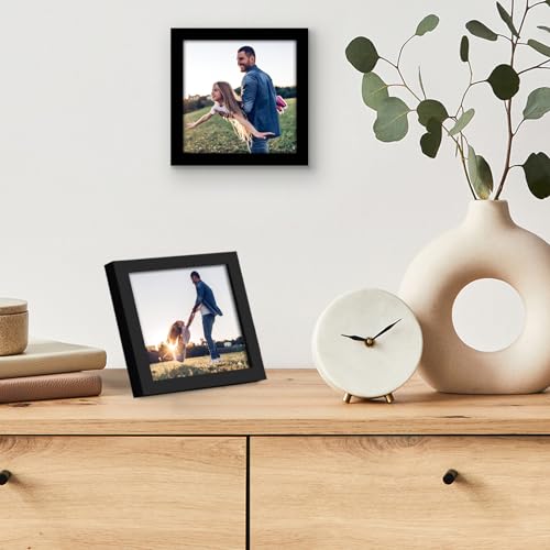 Americanflat 5x5 Picture Frame with Shatter-Resistant Glass - Streamline Collection - Thin Border Square Frame for Tabletop and Wall Display - Hanging Hardware and Easel Stand Included - Black