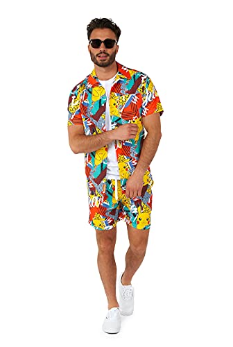 Opposuits Summer Combo Swimwear - Men s Two Piece Matching Set - Beach Swim Wear - Includes Short Sleeve Button Up Hawaiian Shirt and Shorts (Size S, Pokemon Themed, Pika Pikachu)