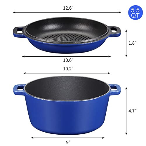 Shyis 5.5 Quart Enameled Cast Iron Dutch Oven,2-In-1 Enamel Dutch Oven With Skillet Lid For Grill,Stovetop,Induction (Klein Blue) #TOP1