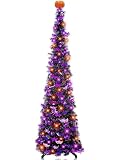 Timer & Pumpkin - 6 Ft Lighted Halloween Tree Decor with 60 LED Orange & Purple Lights 8 Modes Black Tinsel Christmas Tree Bats Pumpkin Battery Operated Pop Up Artificial Tree Porch Home Party