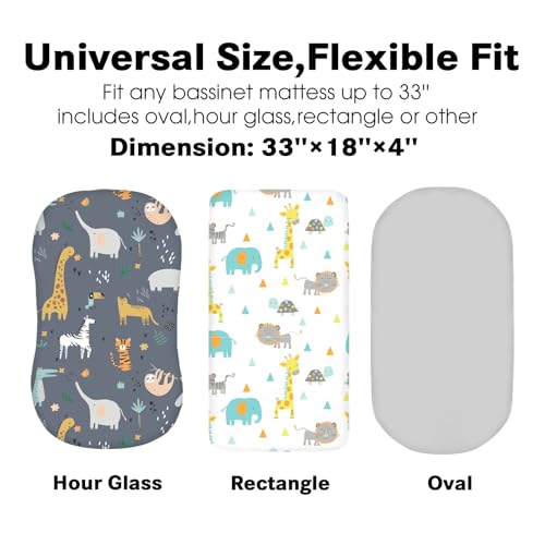 Image of Little Grape Land Bassinet Sheets for Baby Boys Girls 3 Pack, 33 inch x 18 inch Extra Soft Breathable Fitted Bassinet Sheets, Bedside Sheets Fit for Oval Rectangle and Hourglass Bassinet Mattress (Animal)