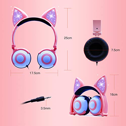 ONTA Cuffie Per Bambini con Gattino LED Luminoso, Pieghevoli, Cancellazione del Rumore e Cuffie Per Bambino Regolabili per Bambini e Bambine (Rosa)