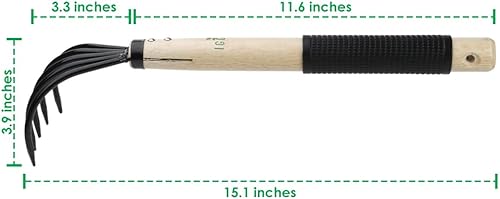 Miniatura 5 de Rastrillo de madera de 15 pulgadas, mango de goma antideslizante, acero de grado militar, cultivador de 5 dientes para suelo pulverizado y aireado