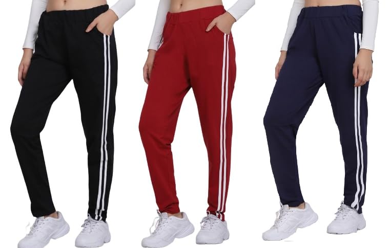 Harshita Enterprises Women’s Cotton Blend Striped Track Pants Combo of 3 | Stylish Joggers for Casual, Sports & Lounge Wear | Comfortable (Pack of 3)