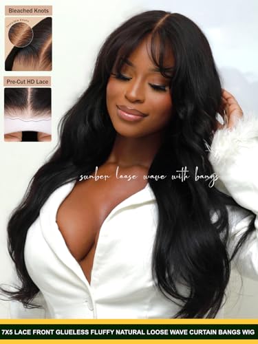 Image of 7x5 Glueless Wig Fluffy Natural Loose Wave Curtain Bangs Human Hair | Lace Front Wig 180% Density Wigs Human Hair Pre Plucked Invisible Knots Pre Everything Ready to Wear Body Wave Wig 24inch