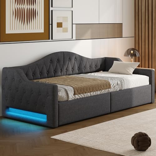 EINHOM Polsterbett Schlafsofa 90x200 cm, Tagesbett Sofabett mit LED-Gürtel, Stauraumbett mit Hydraulischer Stauraum, Lattenrost aus Holz, MDF+Sperrholz+Leinen, Ohne Matratze, Grau – Bild 5