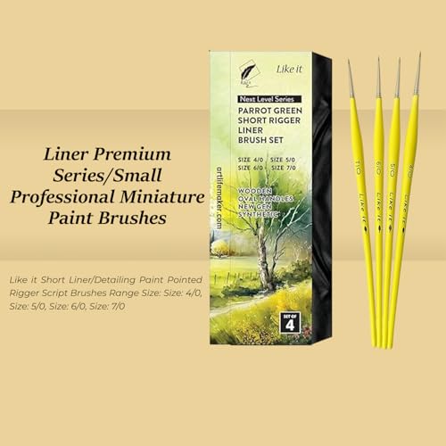 Image of Like it Short Liner Premium Series /Small Professional Miniature Paint Brushes Set of 4 Size 4 /0, 5 /0, 6 /0 and 7 /0 (Parrot Green Short Liner) Includes Brush Holder