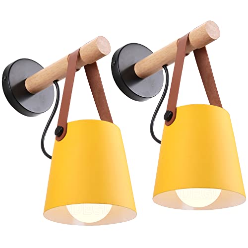 iDEGU 2 Piezas Lámparas de Pared Retro Aplique de Pared Interior en Madera y Metal Iluminación E27 Moderno Luz de Pared Colgante para dormitorio pasillo Sala de Estar (Amarillo)