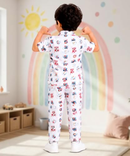 Image of 3BROS Unisex Pure Cotton Short Sleeve Kids Night Dress for Boys & Girls Nightwear /Sleepsuit /Sleepwear /Loungewear Night Suit for Boys and Girls Top and Pyjama Combo Set
