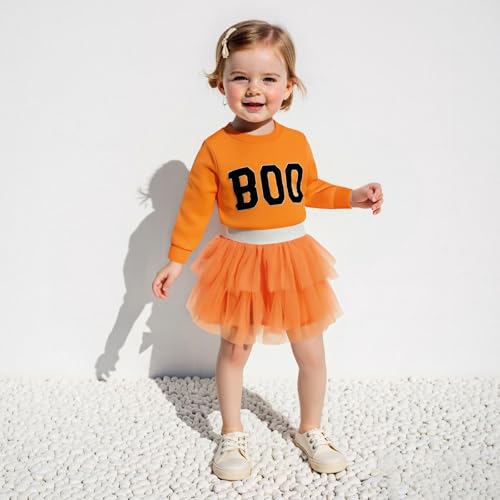 Kids Toddler Baby Girl Halloween Outfit Boo Embroidery Crewneck Sweatshirt Top Tulle Tutu Skirt Set Fall Clothes3