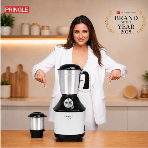 Image of Pringle Alfa 550W 2 Jar Mixer Grinder for Kitchen | 2 SS Jars (Wet & Dry Grinder & Chutney) | Stainless Steel Blades | Compact & Powerful | 5 Yr Warranty | Black White