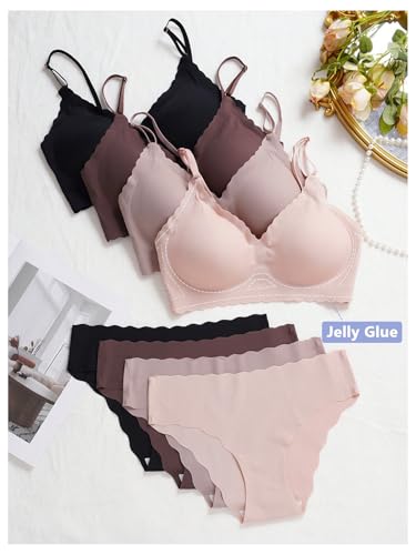 Women's 4 Sets Seamless Lingerie Set Scallop Trim V Neck Padded Bra and Panty3