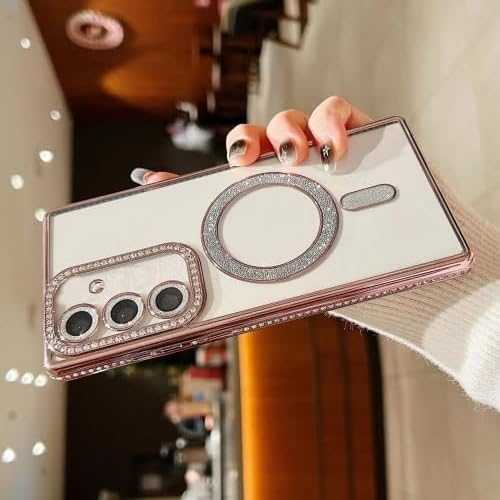 Image of for Samsung Galaxy Glitter Case,Luxury Bling Rhinestone Diamond Plated Bumper Case,MagSafe, Sparkle Camera Lens Protection Clear Back Cover (Pink, for Samsung Galaxy S25 Plus 5G)