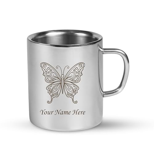 Image of SAVRI Personalized Stainless Steel Mug for Kids with Customized Name Engraved & Cartoon Design | 220 ml Double Wall Insulated Mug for School, Milk, Juice & Water (Butterfly)