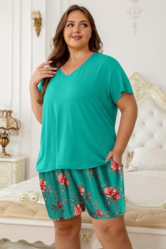 Image of Vozanet Women's Short Sleeve Top and Shorts Pajama Sets Plus Size V Neck Colorful Flower Nighty Loungewear With TWO Pockets