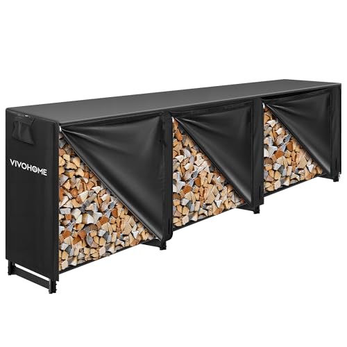 VIVOHOME 12 ft Heavy Duty Firewood Rack Outdoor with Cover Fire Wood Storage Rack Log Holder and Cover Combo Set with Zipper Black