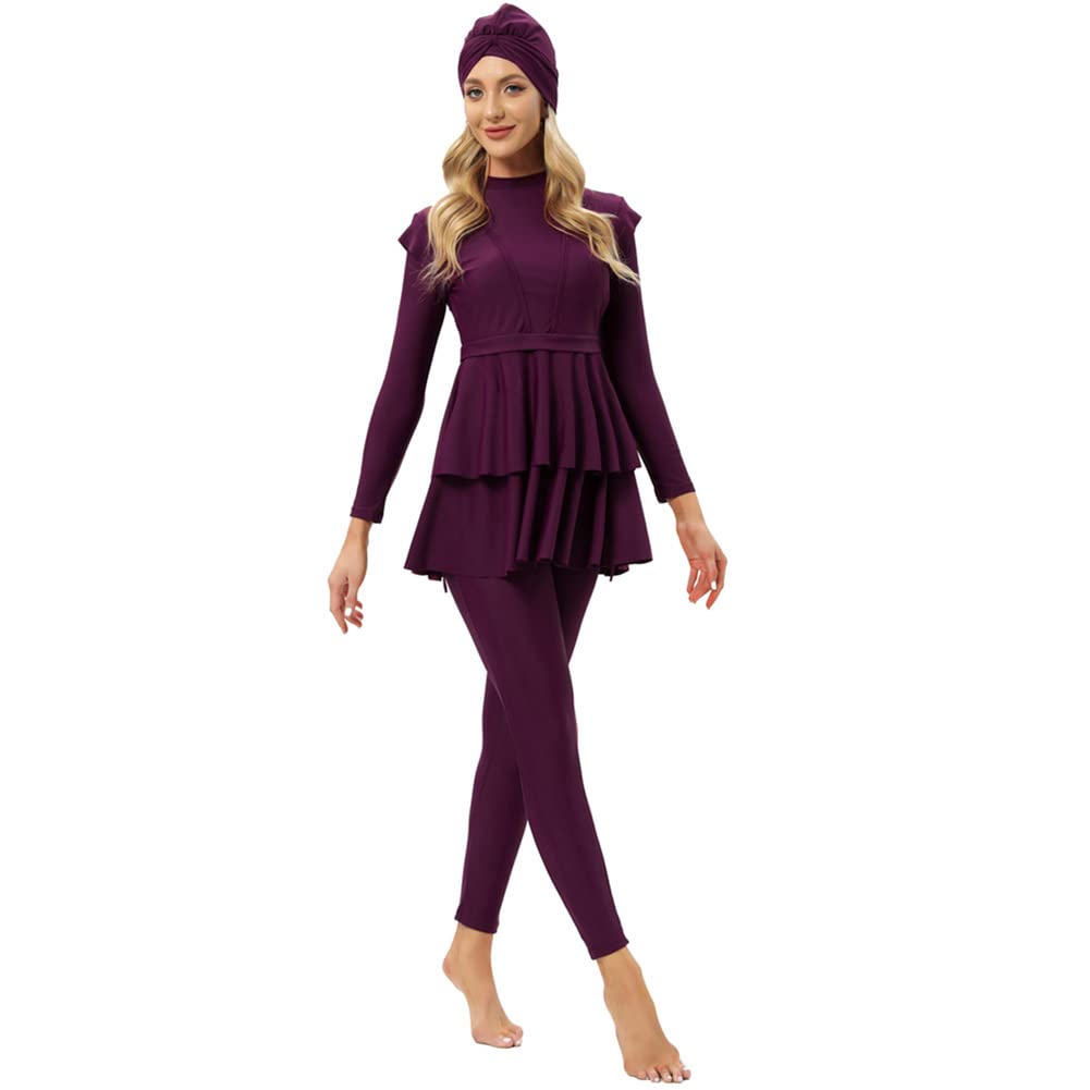 Muslim Swimsuits for Women Modest Swimsuit Islamic Burkini Swimwear Full Cover Hijab UPF 50+ Sun Protection Rash Guard Shirt Top Pants Swimming Cap Costume 3 Piece Bathing Suits Dark Red M