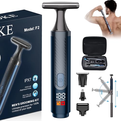 FOKE Back Shaver for Men, Ultra-Wide 1.8' T-Shaped Head, Travel Case, LED 4 in 1 Mens Back Shaver Rechargeable with Long Handle, Safety Lock, IPX7, Multi-Functional Back Trimmer for Men, (Steel Blue)