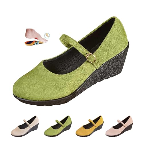 Women's Mary Jane Wedge Heels - Comfortable Dressy Suede Round Toe Ankle Strap Shoes for Women, Orthopedic Soft Sole