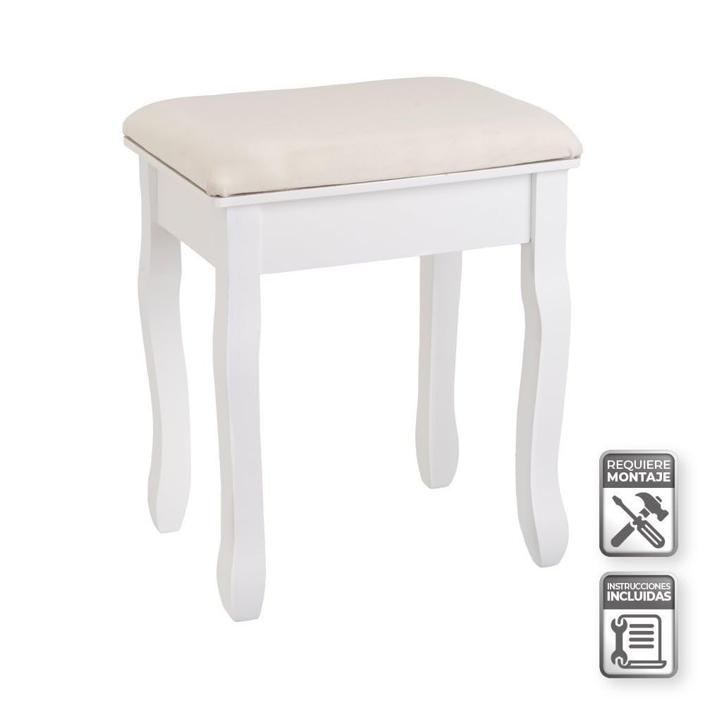 LOLAhome Banqueta de Tocador Blanca con Asiento Tapizado, Madera de Paulonia 50x30x39 cm, Estilo Clásico, Taburete para Dormitorio y Maquillaje
