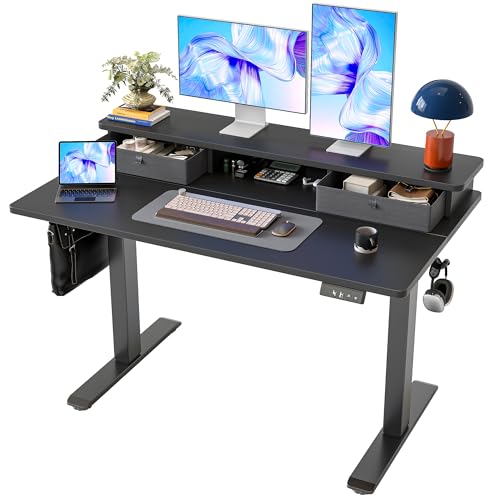 Image of TIQLAB Standing Desk with Two Drawers, Stand Up Standing Desk Adjustable Height, Electric Sit Stand Table with Storage Shelf and Splice Board, 48 * 24 inch, Black