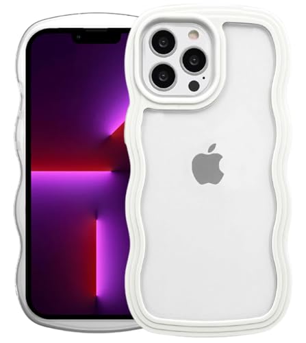 Image of GoldKart iPhone 13 Pro Max Case Wavy Edge Clear Back Design, Anti-Slip Grip Cute Wave Curly Frame Shape Shockproof Soft TPU & Hard PC Bumper Protective Phone Case Cover for Women Girls - White