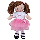 Personalized Planet Brunette Rag Doll with Custom Name Printed on White Shirt Dressed with Pink...