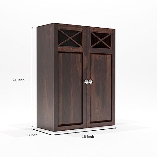 Image of Sheesham Wood Kitchen Cabinet for Home | Wall Mounted Kitchen Rack with Storage | Wooden Organizer with 2 Door Cabinet Storage Walnut Finish