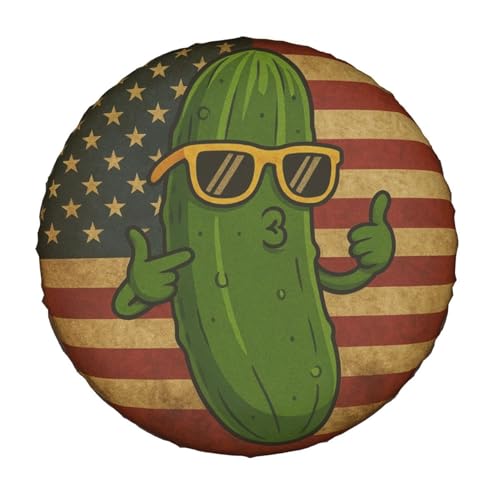 Image of Funny Pickle American Flag Spare Tire Cover with Unique Print, Weatherproof Wheel Covers Tire Protector, Universal Fit for Rv, Trailer, SUV, Camper Vehicle
