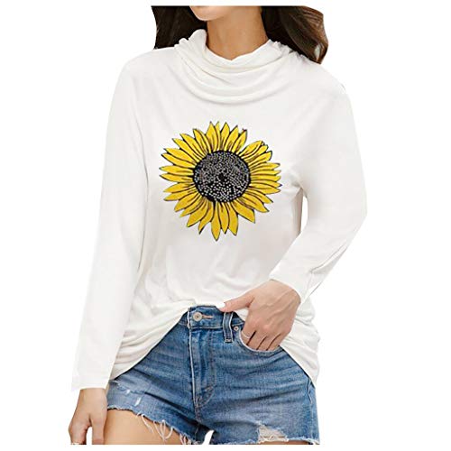 Dosoop Women's Casual Turtleneck Long Sleeve Pullover Sunflower Graphic Print Dustproof Face Guard Tops Blouse T-Shirt