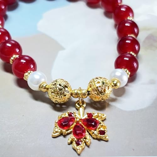 Vintage Red Beaded Bracelet for Women - Maple Leaf Fall Natural Red Jade Stretch Gold Bracelet With OT Clasp - Thanksgiving Autumn Jewelry 5