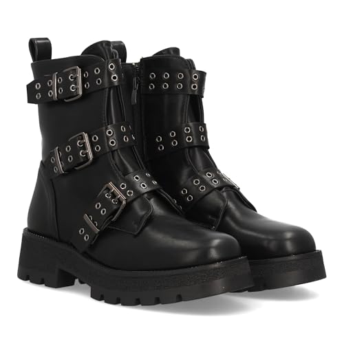 98322 Botines para mujer con suela de plataforma, adornado con multiples tiras decorativas con hebillas y tachuelas metalicas, con cierre de cremallera. Ideal para Otono Invierno. Negro Talla 39