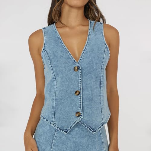 Womens Button up Denim Vest Summer Casual Sleeveless Deep V Neck Tank Tops Y2k Going Out Jean Vest2