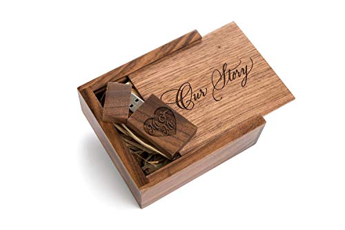 10 Pack Walnut 16GB USB Flash Drive - Inserted into a Engraved Walnut Box - Raffia Grass Inside. Laser Engraved Our Story Wedding Design