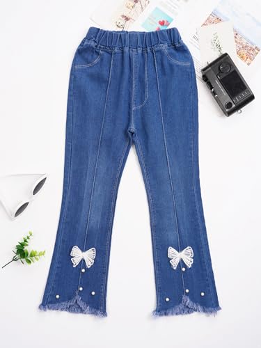 Kids Girls Teen Bell Bottom Jeams Cute Bowknot Flared Pants High Waist Raw Hem Denim Trousers Leggings3