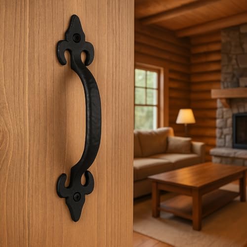 Image of 8 Inch Fleur Arc Barn Door Handle - Black Cast Iron Pull for Sliding Doors, Gates, Sheds, Fences, Closets - Indoor Outdoor Farmhouse Hardware