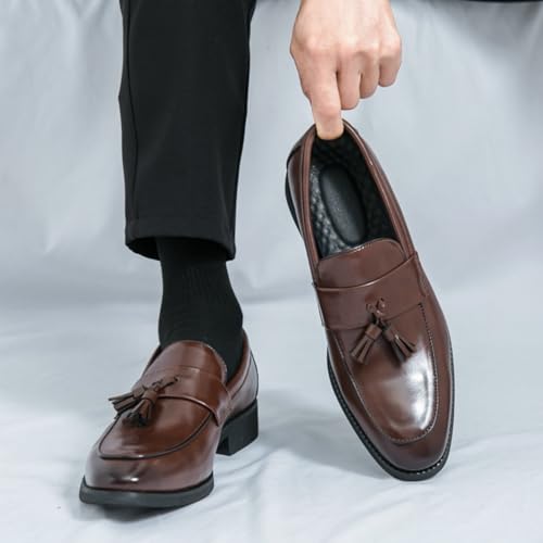 Mens Retro Leather Slip-On Dress Tassels Loafers Low Chunky Heels Comfortable Non-Slip Casual Penny Loafers for Work Office Party Wedding3