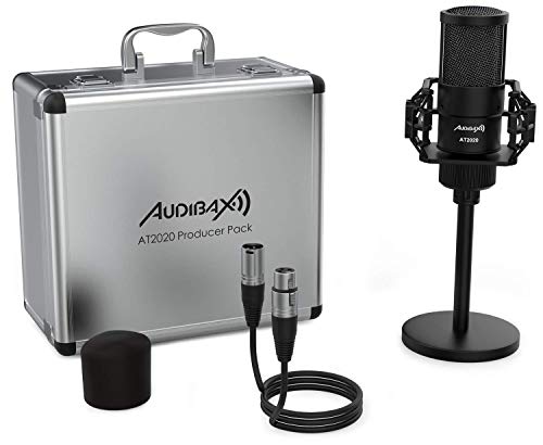 Audibax AT2020 - Microfono de Condesandor de Estudio - Incluye Cable XLR, Soporte de Mesa y Araña, Antivientos y Maletín - Respuesta en Frecuencia 50 Hz/20 KHz - Micrófono con Patrón Polar Cardioide