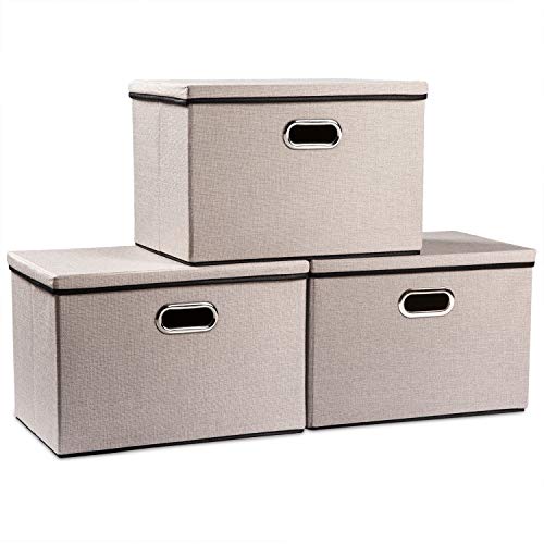 Image of PRANDOM Large Foldable Storage Bins with Lids [3-Pack] linenFabric Decorative Storage Boxes Organizer Containers Baskets Cube with Handles Divider for Bedroom Closet Office Light Grey(17.7x11.8x11.8)
