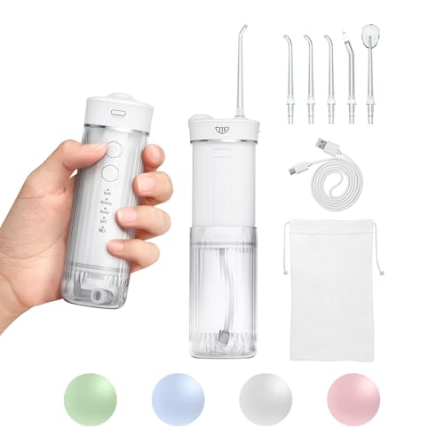 JTF 口腔洗浄器 ジェットウォッシャー 230mlタンク 替えノズル5本コードレス 折りたたみ 超コンパクト ミニ携帯型 4種類モード 11段階強度調整可能 IPX7 防水 USB充電式 旅行＆家庭用 収納ポーチ付き (ホワイト)