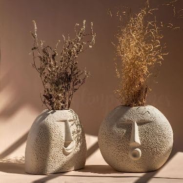 Image of Clay Soul Off-White Ceramic Face Vase Set of 2 - Smile & Blowing Kiss Design | Matte Finish | Handcrafted Flower Vases for Living Room, Table Centerpiece, Pampas Grass | Home & Office Decor