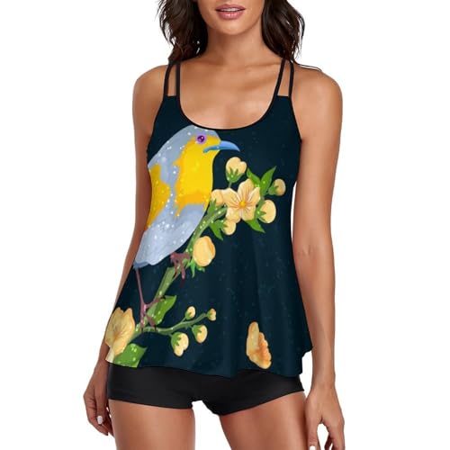 Bikini avec Short de Garçon Fleur D'oiseau Tankini Femme Robe Plage Gainant Chic