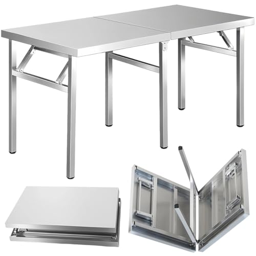 EastEamily ステンレス作業台 業務用 調理台 耐荷重約550kg 長さ150x幅50x高さ73CM 折りたたみ テーブル 6本脚 厨房作業台 ステンレステーブル 丸角デザイン 足調整可能 多機能 コンパクト収納 完成品 キッチン 飲食店 家庭用 業務用