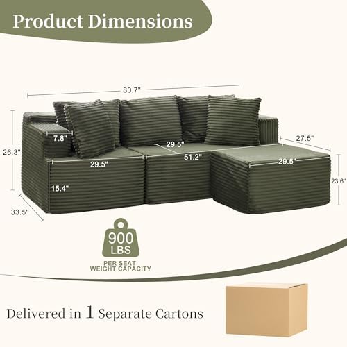 Korser Cloud Modular Sectional Sofa with L-Shaped, Boneless Couches for Living Room, Fluffy Comfy Corduroy Deep Seat with Ottoman, Bedroom, Apartment, No Assembly Required - 1