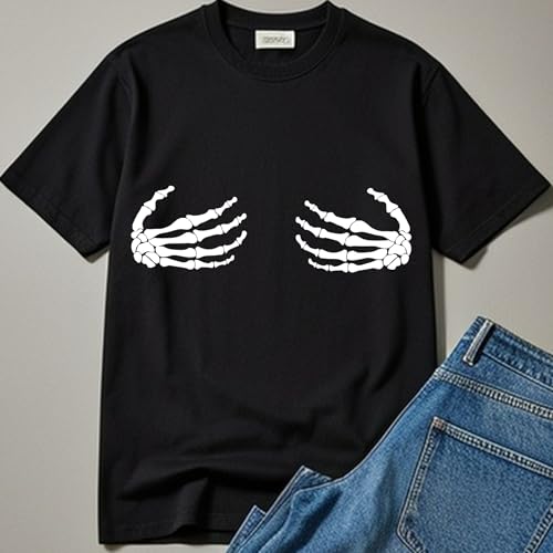 Halloween Shirts for Women 2025 - Skull Hand Pattern Print Short Sleeve Casual Round Neck Shirts3