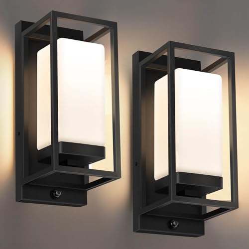 Image of SHIMR Outdoor Wall Light with Dusk to Dawn Sensor, Black Exterior Lighting Fixtures with LED Bulb Included, E26 Base, Waterproof Outdoor Sconce Lights for Porch Garage Front Door, 2 Pack