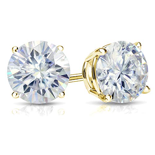 3 Carat Moissanite Round Stud Earrings In 14K Yellow Gold (J-K, 7.5 Mm, Cttw) 4-Prong Basket Screw Back By Diamond Wish #TOP2